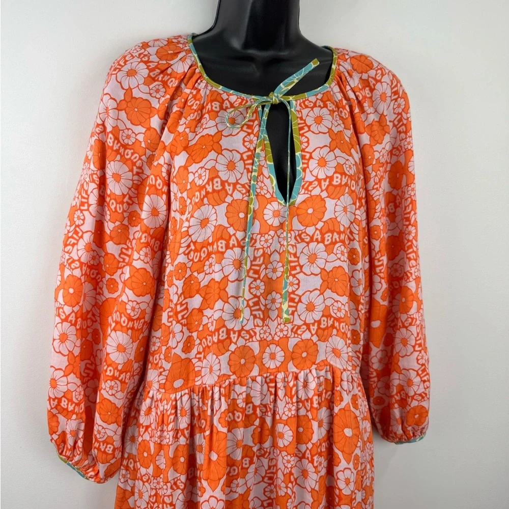 Lingua Franca Women Linen Blend Banquet Floral Drop Waist Dress Size XS - Picture 2 of 7